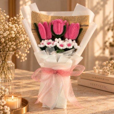 Bouquet tulipes & pâquerettes roses
